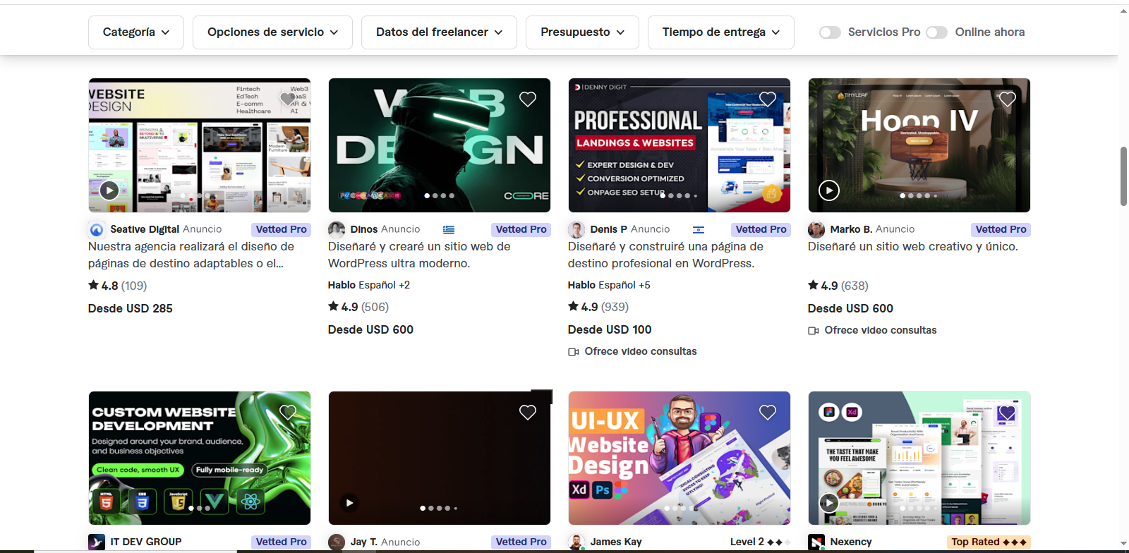 Búsqueda de diseño de página web en una plataforma de servicios digitales mostrando precios por proyecto